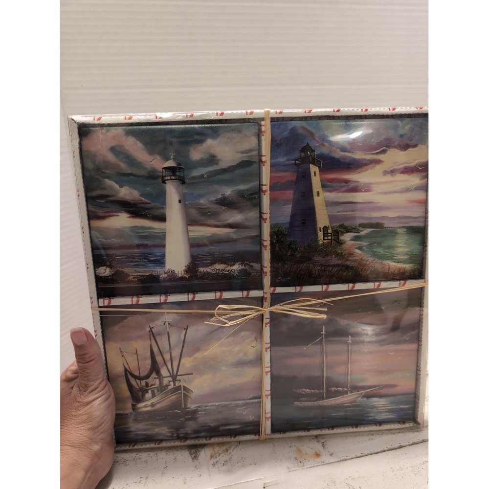 NIB Lot Of 4 Nautical Tiles Depicting Lighthouses & Boats Each 6 x6 SIGNED